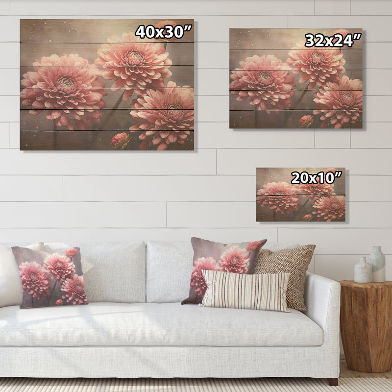 Mums Musing Mellow Maroon I - Mums Wood Art On Natural Pine Wood, 10" H x 20" W