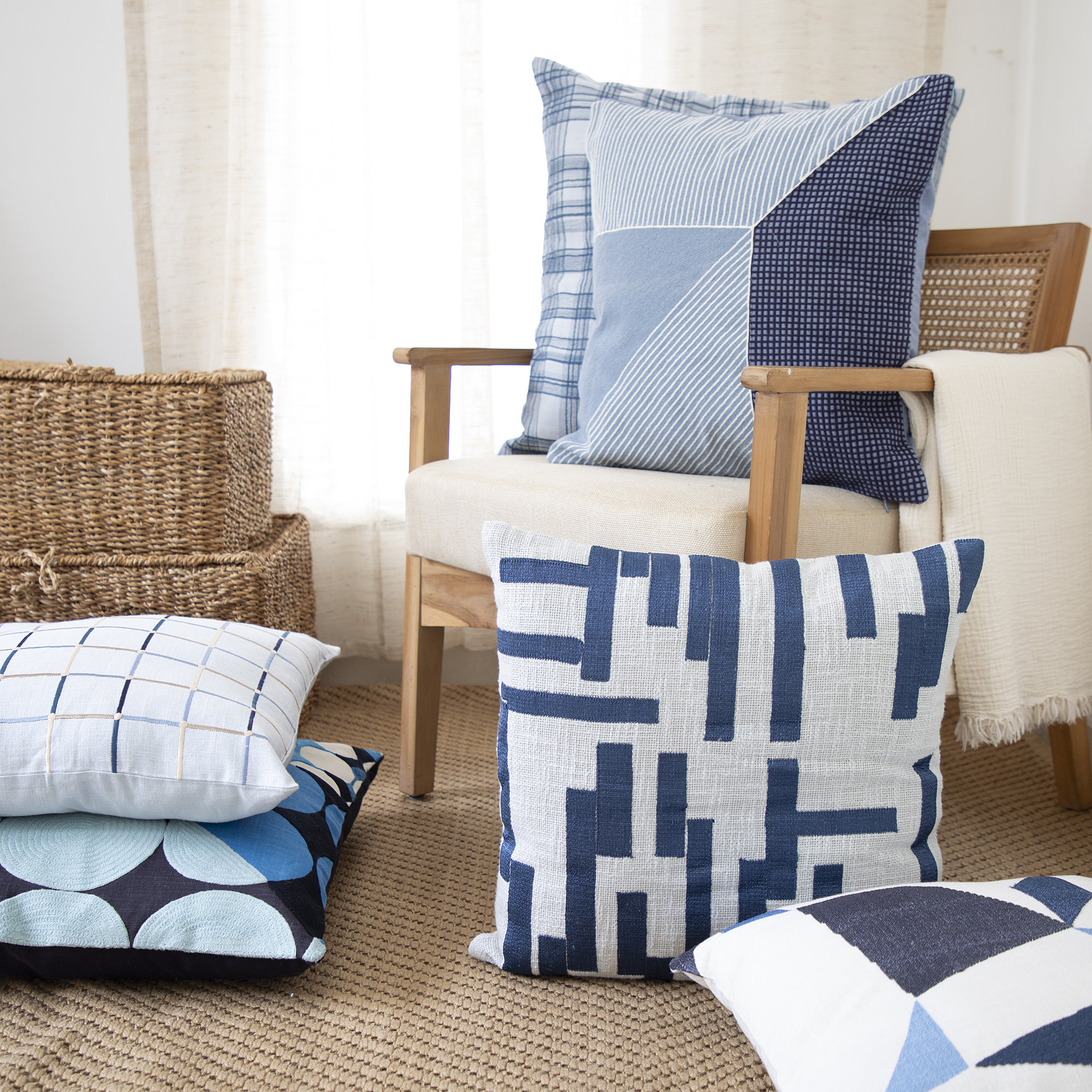 Checkered Cotton Throw Pillow, Blue/Ivory/Gray, 20" x 20", Pillow Cover Only - No Insert