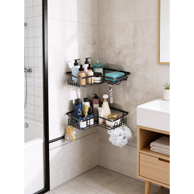 Corner Shower Caddy With Shampoo Holder - 2-Pack Black Rust-Proof Stainless Steel Organizer For Bathroom Storage