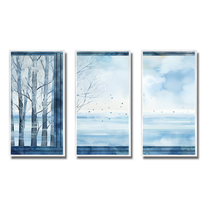 «White and Blue Winter Forest Collage VII - Winter Landscape», art mural, Cadre flottant blanc, H 28 po x l 36 po x P 1 po