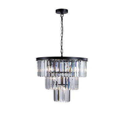 Lustre en cristal de luxe à 3 niveaux de 20 po, lampe de ferme moderne noire pour salle à manger et salon