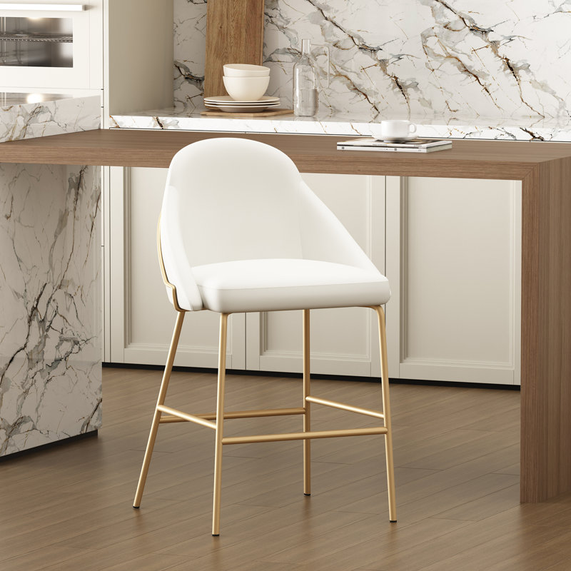 Tabouret de comptoir rembourré en cuir Gracie, Siège blanc / cadre doré, Tabouret de comptoir (siège d'une hauteur de 26 p