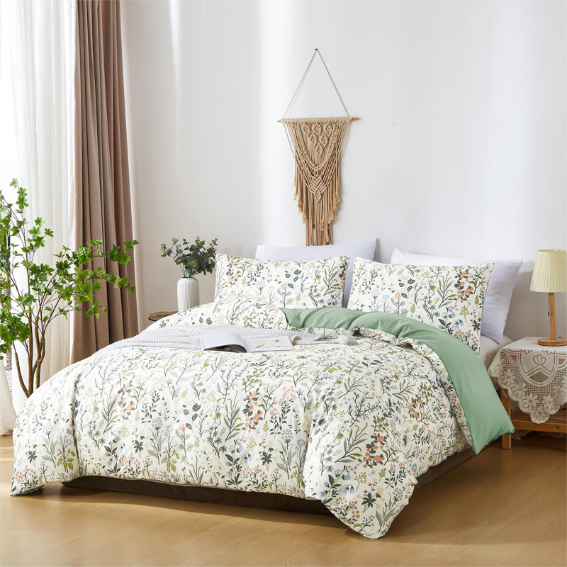 Nayoroom Boho Floral Green Solid Color Reversible Ultra Soft Duvet Cover, Full / Double Duvet Cover
