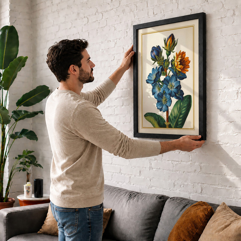 Blue Bloom Botanical - Framed Print, A3 - 42.0 x 29.7 cm, Black