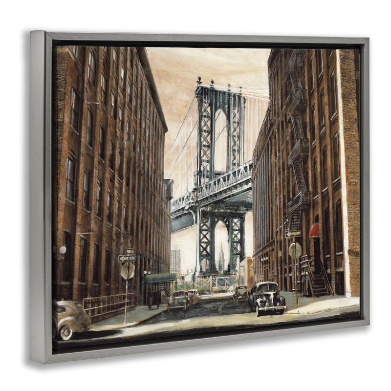 «Cityscape with Bridge View», art mural encadré flottant par Matthew Daniels, Cadre flottant gris lustré, H 25 po x l 31 po