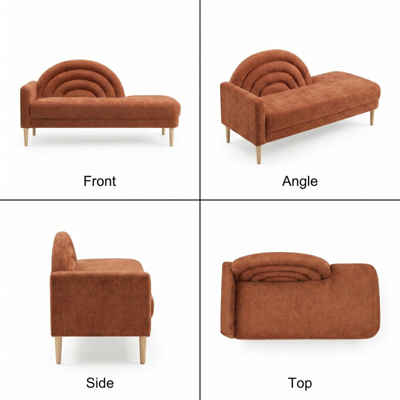 Modern Rainbow-Inspired Curved Backrest Chaise Lounge with Tapered Wood Legs, Ocher Linen, Ocher