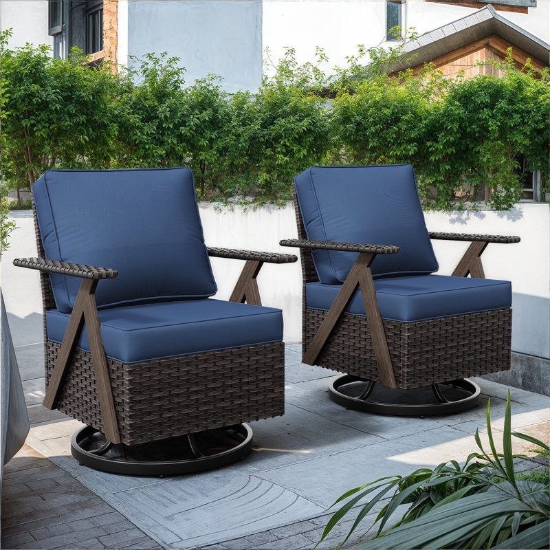 R-Shaped Rattan Armrest Swivel Rocker Chairs, Blue