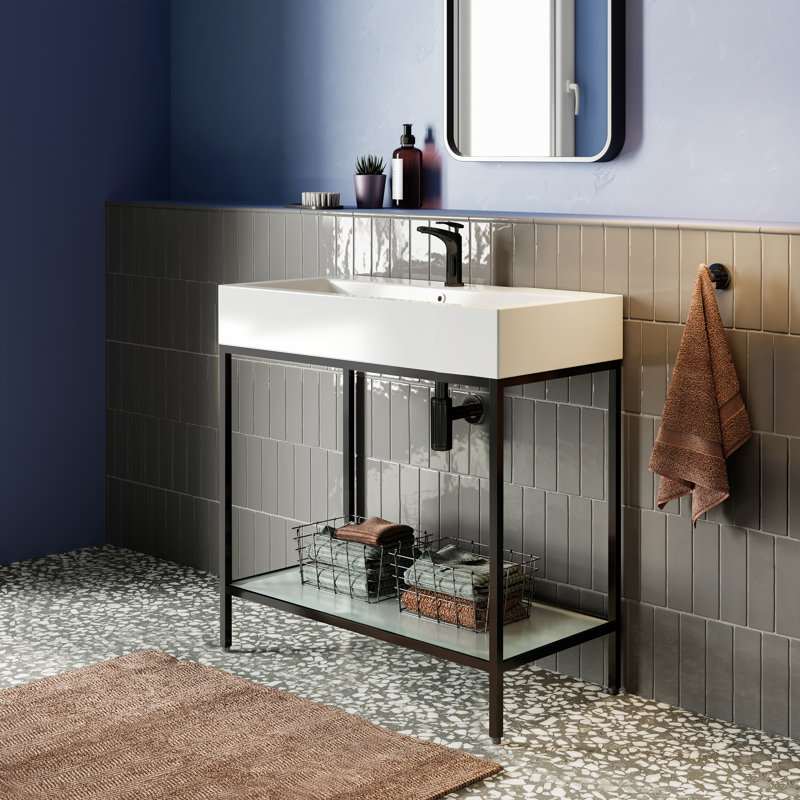 Pierre 32" Open Shelf Black Frame Freestanding Bathroom Vanity with Sink Top, Matte Black