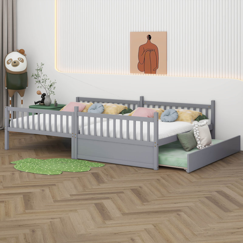 Lit superposé double en bois d'hévéa double avec lit gigogne, échelle convertible et garde-corps, gris