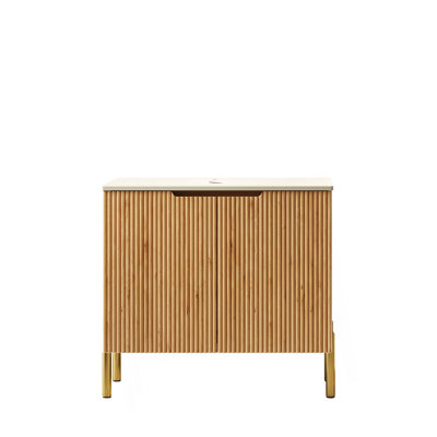 30" Freestanding Roma Travertine-Pattern Sintered Stone Counter Top and Natural Woodgrain Plywood Cabinet with Two Doors, NO Basin, NO Faucet and Sink Cover