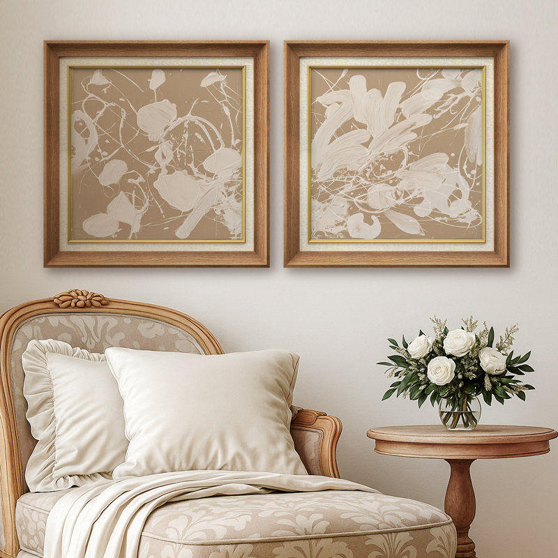 «Beige et blanc» abstrait, coup de pinceau abstrait - art mural encadré en papier dans la chambre principale, 2 pièces