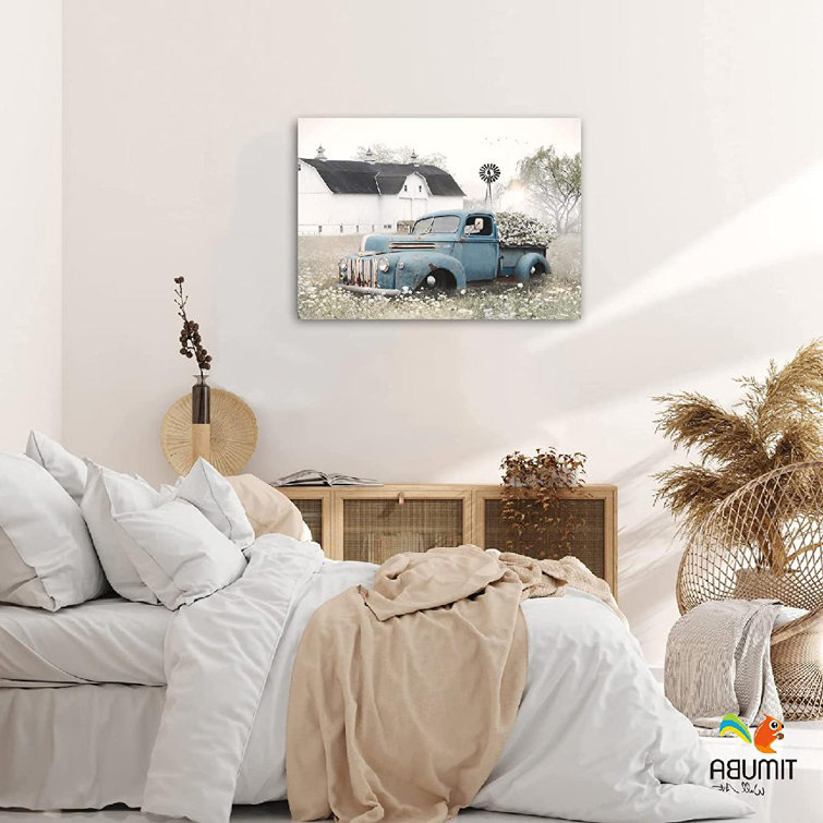 TIMUBA Farmhouse Truck Flowers Canvas Wall Art Barn Old Car and Flowers Pictures Wall Decor Canvas Prints for Walls, Framed Artwork for Living Room - 1