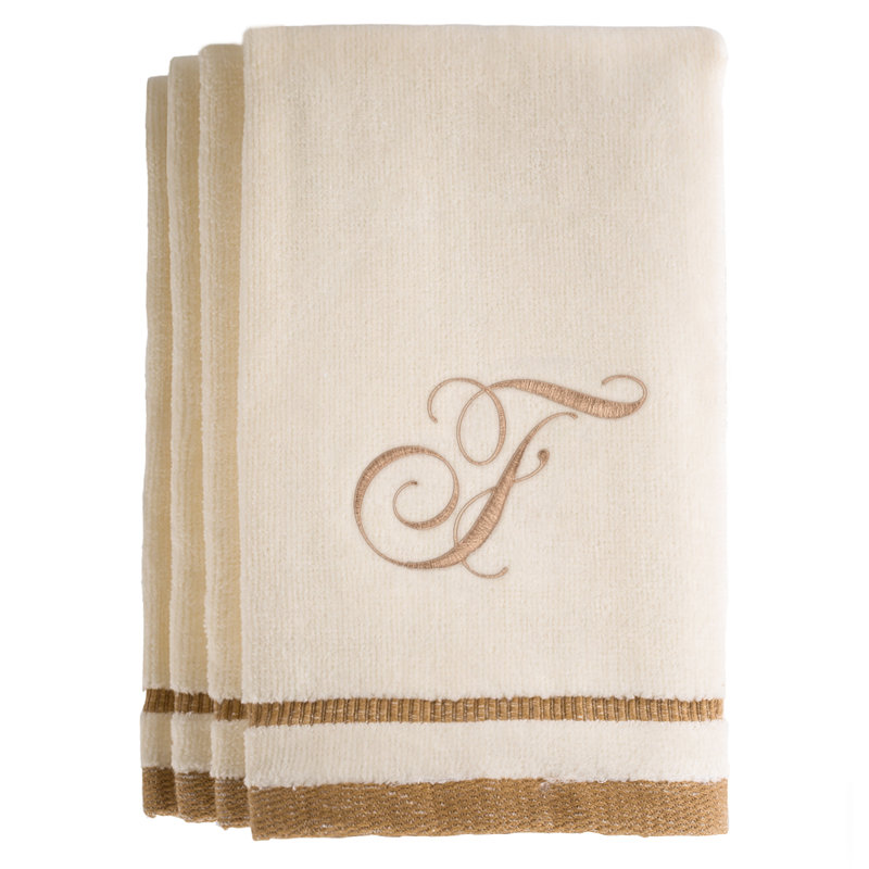  Monogrammed 4 Piece 100% Cotton Fingertip Towel Set, F, Ivory