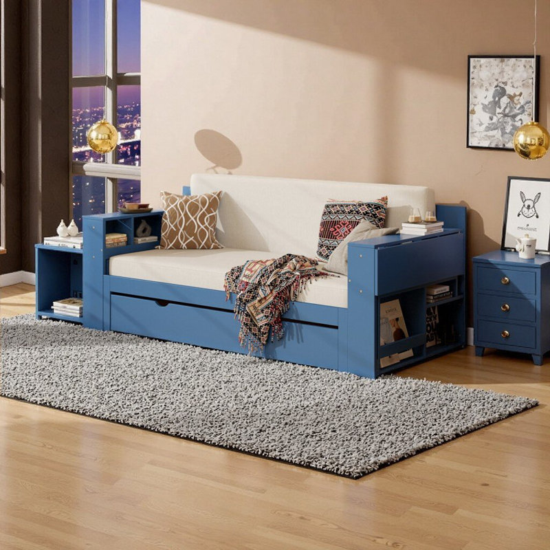Grand lit de jour bleu avec bureau amovible, table d'appoint hydraulique et tiroirs de rangement - Canapé-lit multifonctionnel 4-en-1 peu encombrant