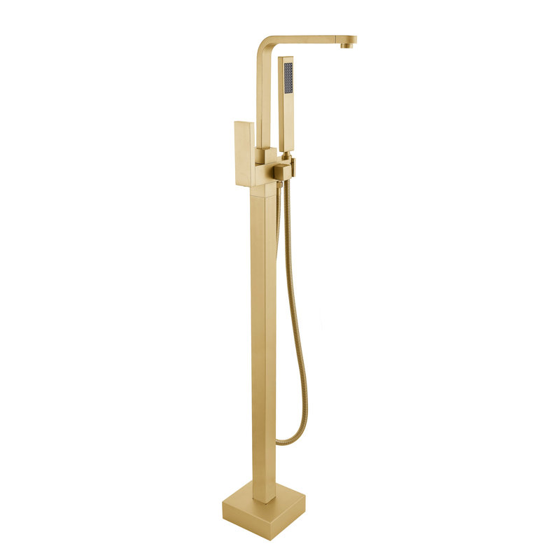 Topcraft Floor Mounted Bathtub Filler With Handheld Showerhead, Brushed Brass