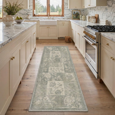 Machine Washable Patchwork Gray / Ivory Hallway Runner With Non-Slip Backing