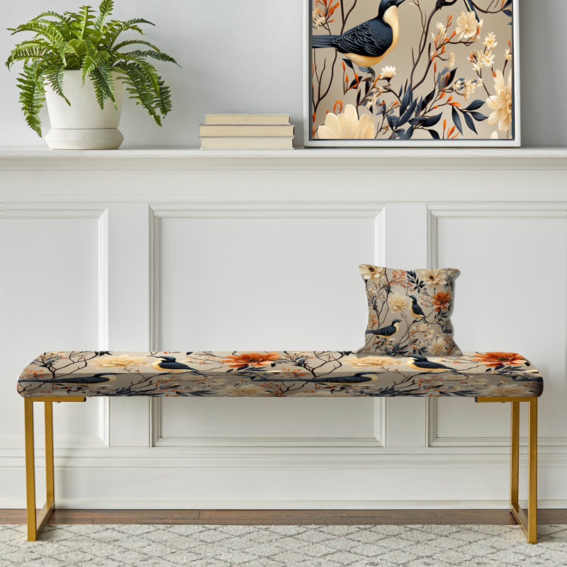 Oiseau beige sur une branche collage - banc rembourré floral doré