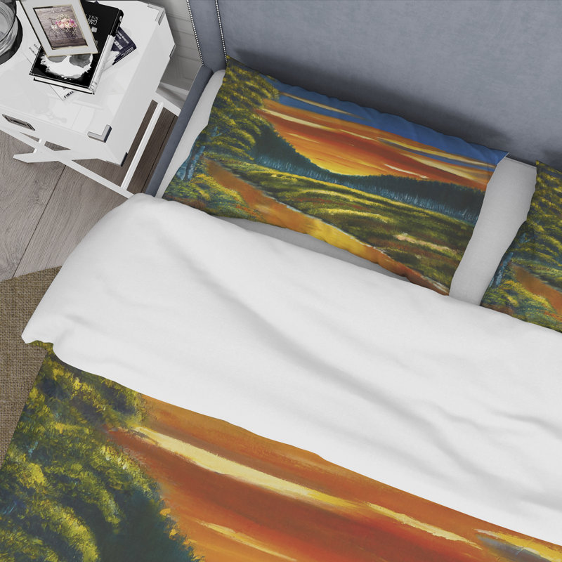 Coucher de soleil chaud au-dessus du lotus Lotus - Ensemble de housse de couette traditionnel - Microfibre de polyester