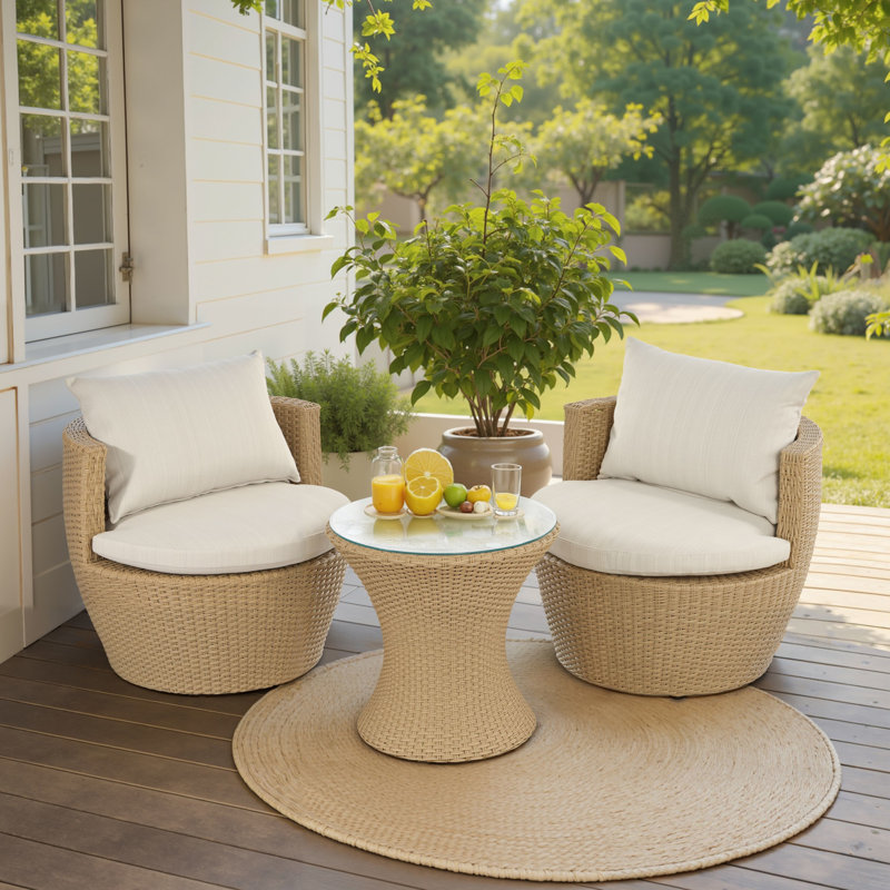 Wicker 2 - Person Patio Conversation Sets with Cushions, Beige Cushion/Ligth Brown Frame