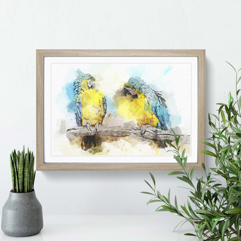 Two Blue and Yellow Macaw Parrots in Abstract - Picture Frame Painting Print, 27cm H x 36cm W x 2cm D, Oak Framed