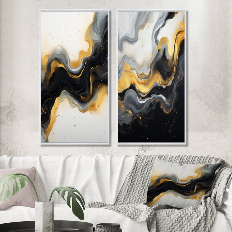 «Gold and Black Marble Essence IV», ensemble de 2 reproductions d'art sur toile, Cadre flottant blanc, H 32 po x l 33 po