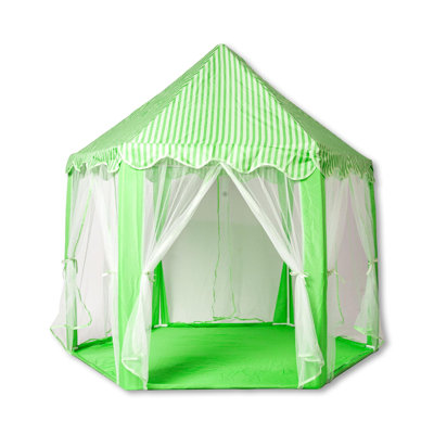 Hexagonal play tent in green with a striped roof and white mesh curtains