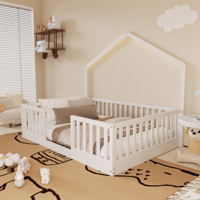 Wood Twin Size Floor Bed With High Guardrails Light For Kids