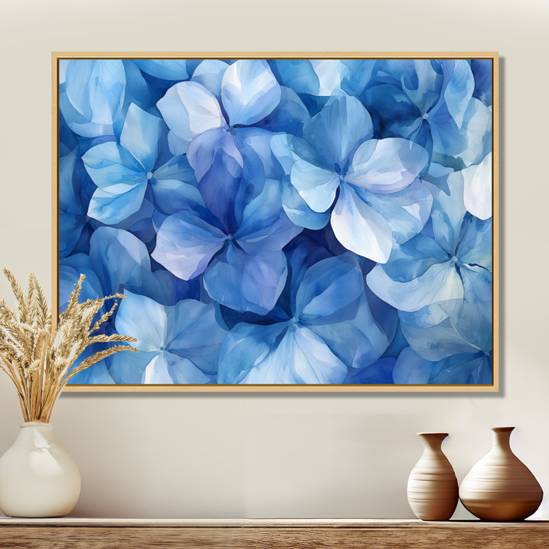 «Ilhaam Hydrangea As Brush Strokes II», art mural hortensia, Impression encadrée flottante, H 16 po x l 32 po, Crème, crème