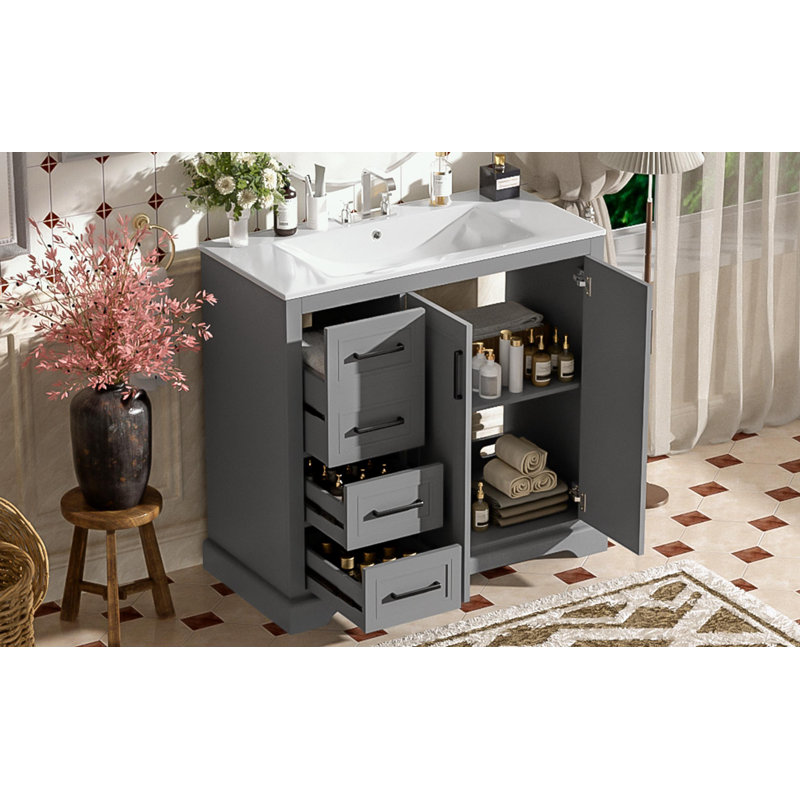Meuble-lavabo avec lavabo en céramique, tablette réglable et 3 tiroirs, Gris