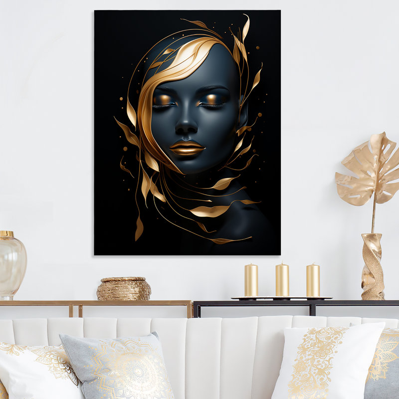 Celestical Gold And Black Woman Portrait II - Fashion Metal Art, 40" H x 30" W x 1.5" D