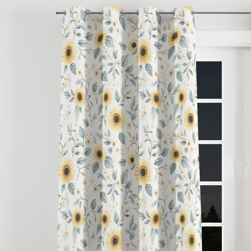 Country Farmhouse Room Darkening Curtains - Yellow Sunbeam Blooms Grommet Curtain - 1 Panel, 52" W x 63" L, Silver Grommets