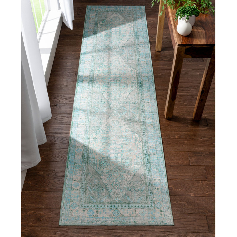 Nile Vintage Medallion Flatweave Green Area Rug, Runner 76 x 300 cm