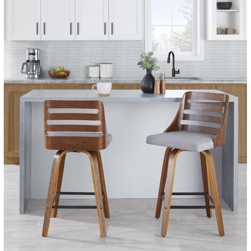 Modern Gray Upholstered Trevi Counter Stool with Walnut Swivel Base