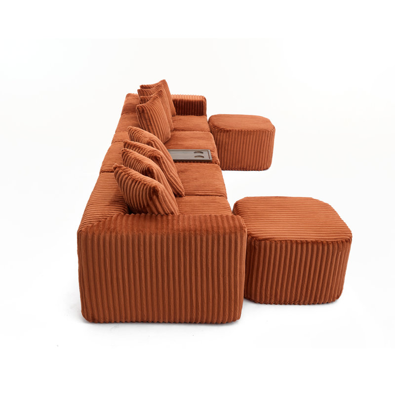 137.5" U Shaped  Sofa , USB & Wireless Charge, Coffee Table Board With a Cup Holder, Oversize Movable Modular Sofa,Movable Footstool,No Assembly,6 Seats,Corduroy,Orange