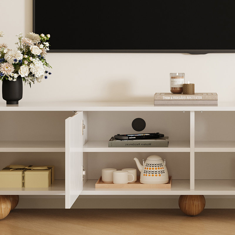 78.7'' Storage TV Stand, Modern Beige and Wood Cabniet, Cable Management – Modern Entertainment Center with Five Wood Balls, Cream Style