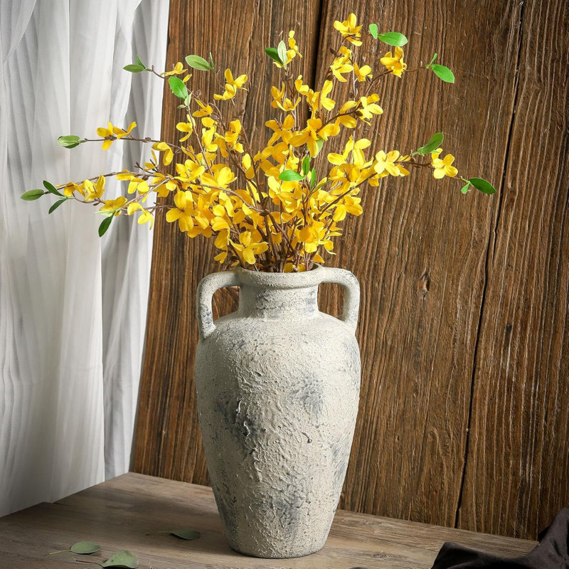 Large Ceramic Farmhouse Vase With Handles, Rustic Terracotta Flower Vase For Home Decor, Dining Table, Living Room, Kitchen, Office