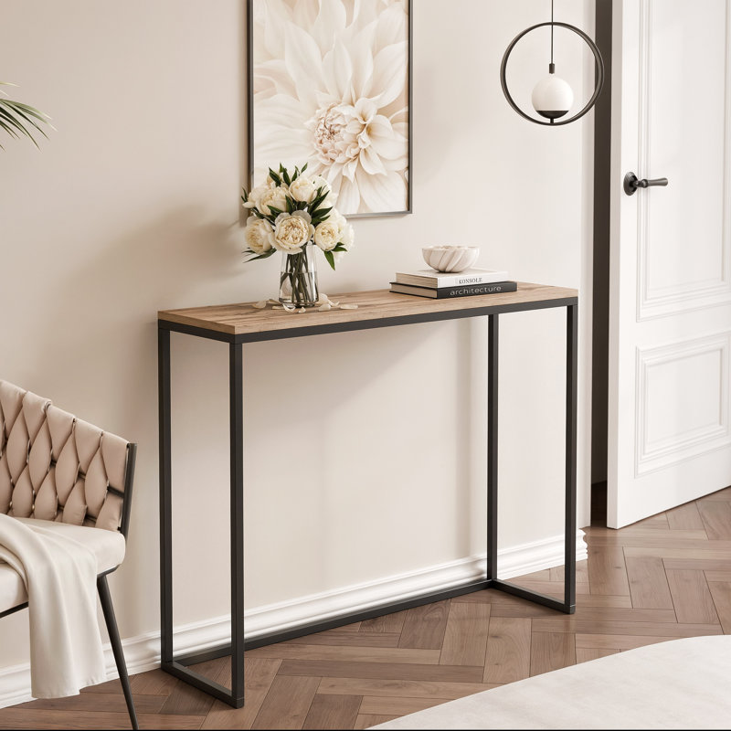 Stainless Steel Top Console Table, 90cm H x 80cm W x 30cm D, Wotan Oak, Black