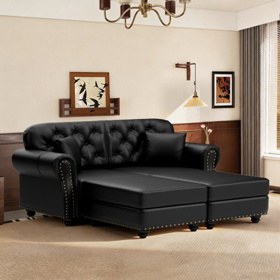 Canapé Chesterfield avec capitonnage à boutons Mid-Century 63 po avec garniture cloutée et 3 repose-pieds