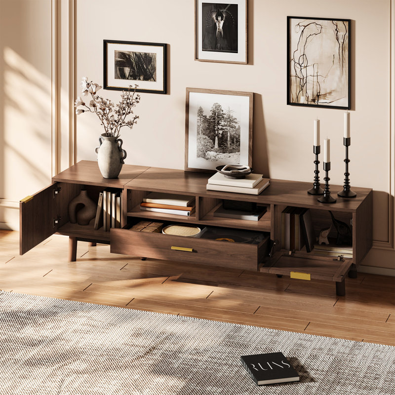 Meuble télé de 60 à 69 po, fonction de fermeture silencieuse, conception de tiroir, couche de bois massif, rangement multifonctionnel de 75 po, tiroirs, pieds, pour la décoration de la chambre à coucher