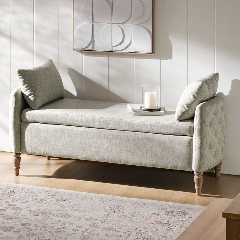 Aristides Farmhouse 59"W Flip Top Storage Bench with Two Pillows and Solid Wood Legs, Gray