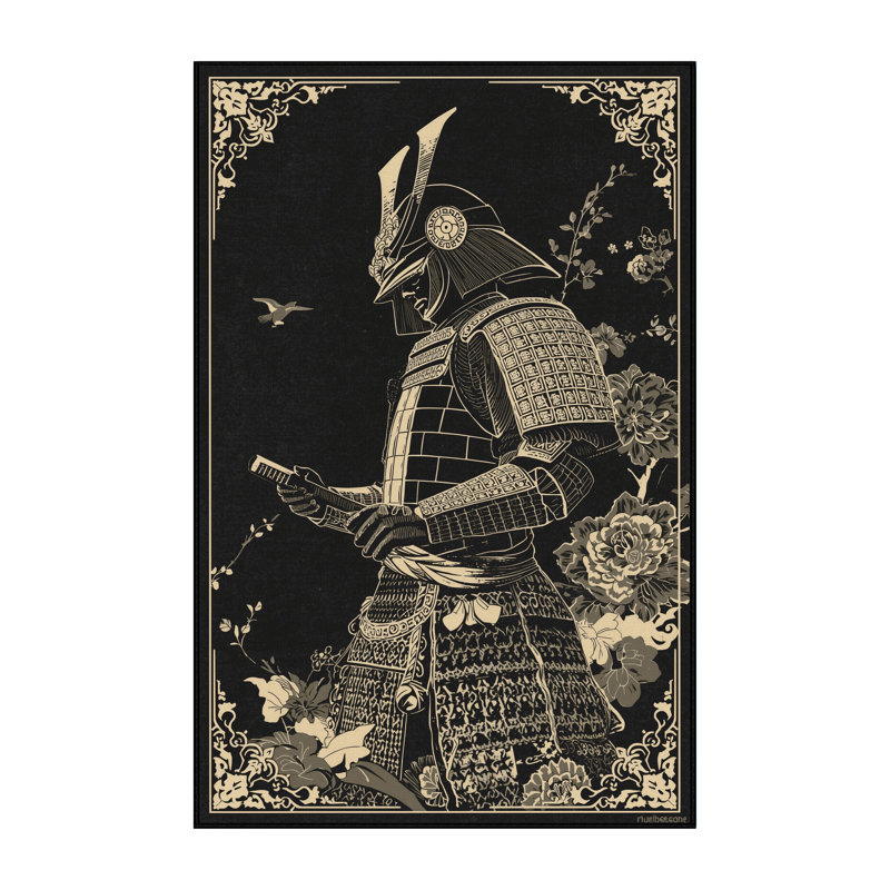 Tapis damassé classique Cilegon Samurai In Armour en noir lavable à la machine, 6 x 9
