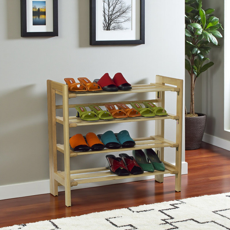 Ibbine Natural Finish Solid Wood 4-Tier Stackable Shoe Rack, 25.55" H X 27.71" W X 11.25" D