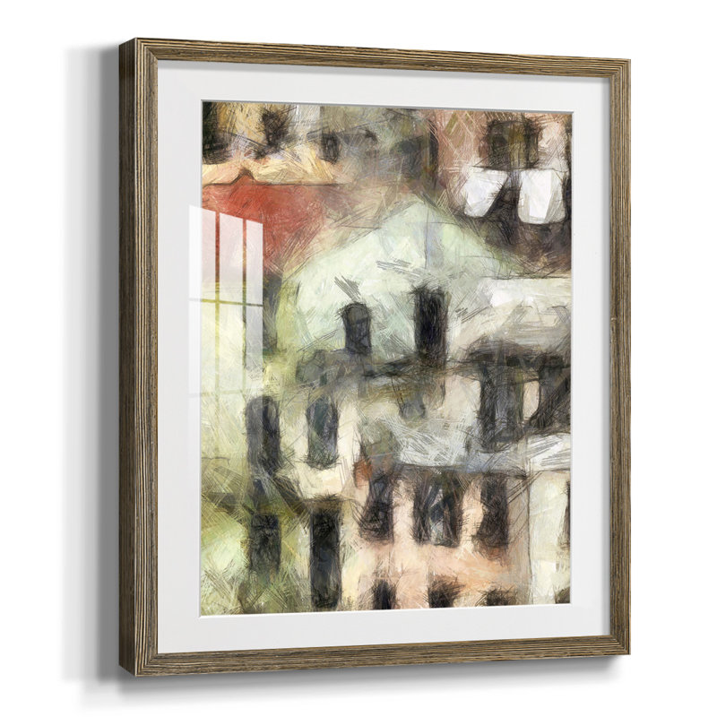 Maisons empilées II, Papier avec cadre noyer, Blanc