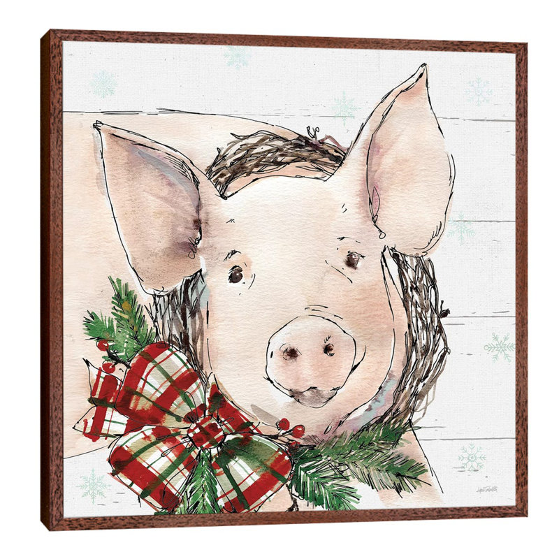 Christmas Pig by Anne Tavoletti - Floater Frame Painting on Canvas, 45.72 cm H x 45.72 cm W, Brown Framed