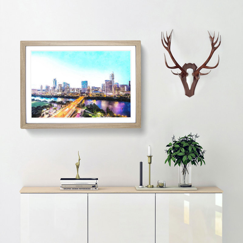 Austin Texas Skyline - Single Picture Frame Painting on MDF, 24cm H x 33cm W x 2cm D, Oak