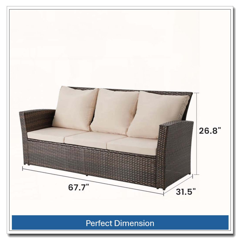67.7 All-Weather Wicker 3-Seat Patio Sofa with Thick Beige Cushions, Beige