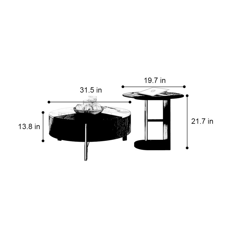 Table basse ronde en pierre micro-cristalline, Noir / acier inoxydable / noyer, Blanc / transparent / noyer foncé