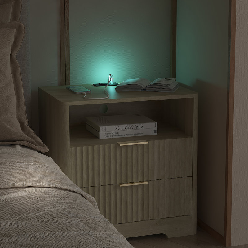 Table de chevet avec station de charge, table de chevet intelligente avec veilleuse, tables de chevet avec armoire de rangement pour la chambre à coucher, bois