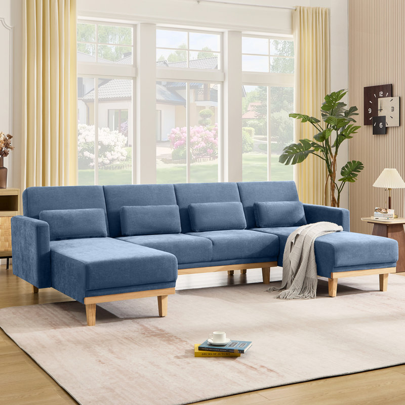 113.4" W U-Shaped Chenille Sectional Sofa With 2 Chaises, 3-Level Adjustable Backrest Solid Wood, Blue Chenille