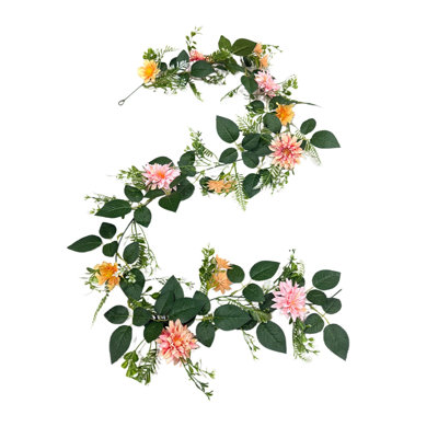  6FT Artificial Dahlias Leaf Garland Faux Plastic Green Vines with Flowers for Summer Decor Front Door Porch Wedding Arch Wall Party Decoration